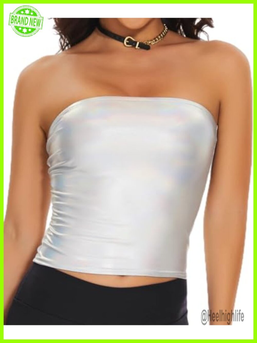 Metallic Strapless Bandeau Crop Top Rave Festival Dance Shiny Tube Top